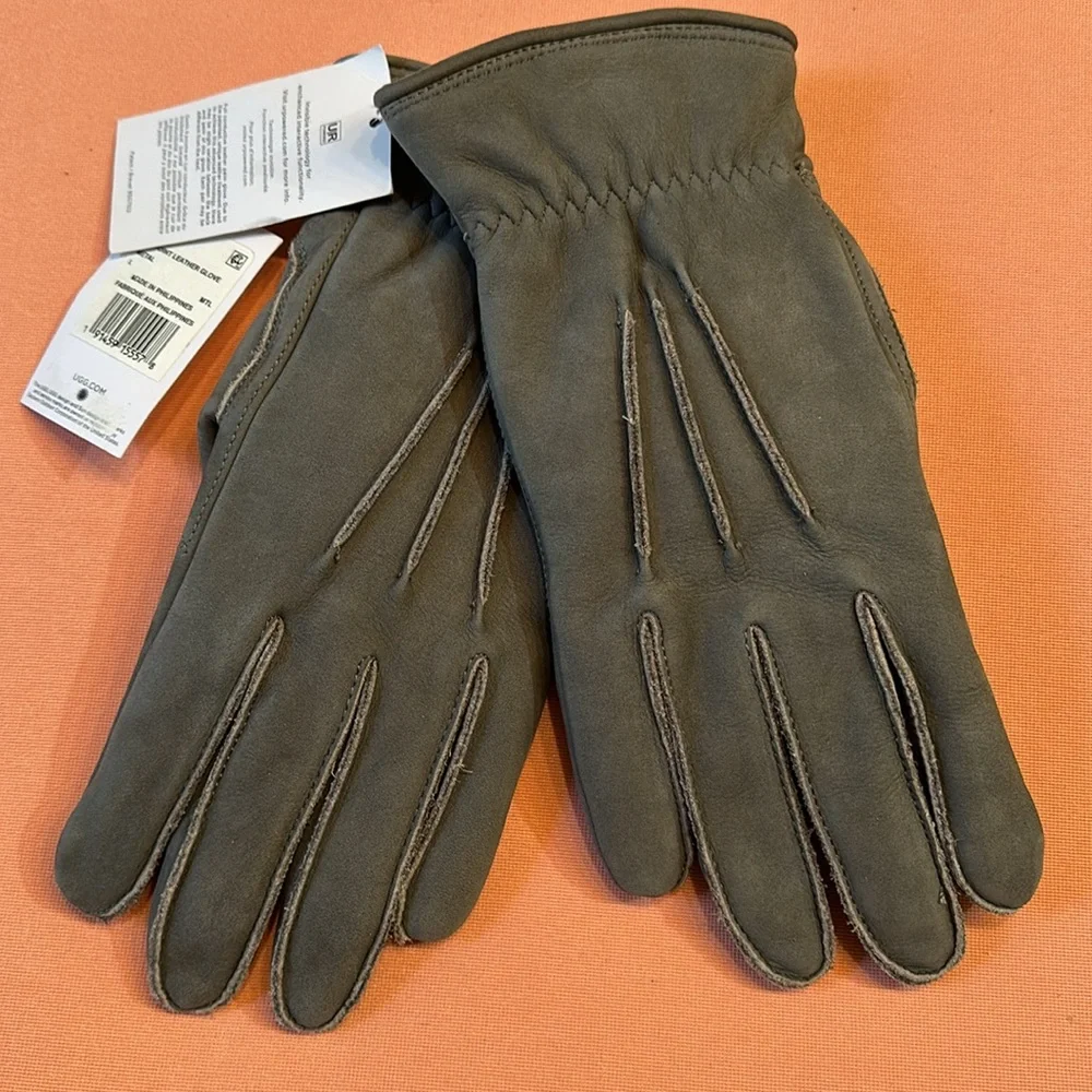 New UGG Leather/Faux Fur Lining Gloves. Gray. Size L.